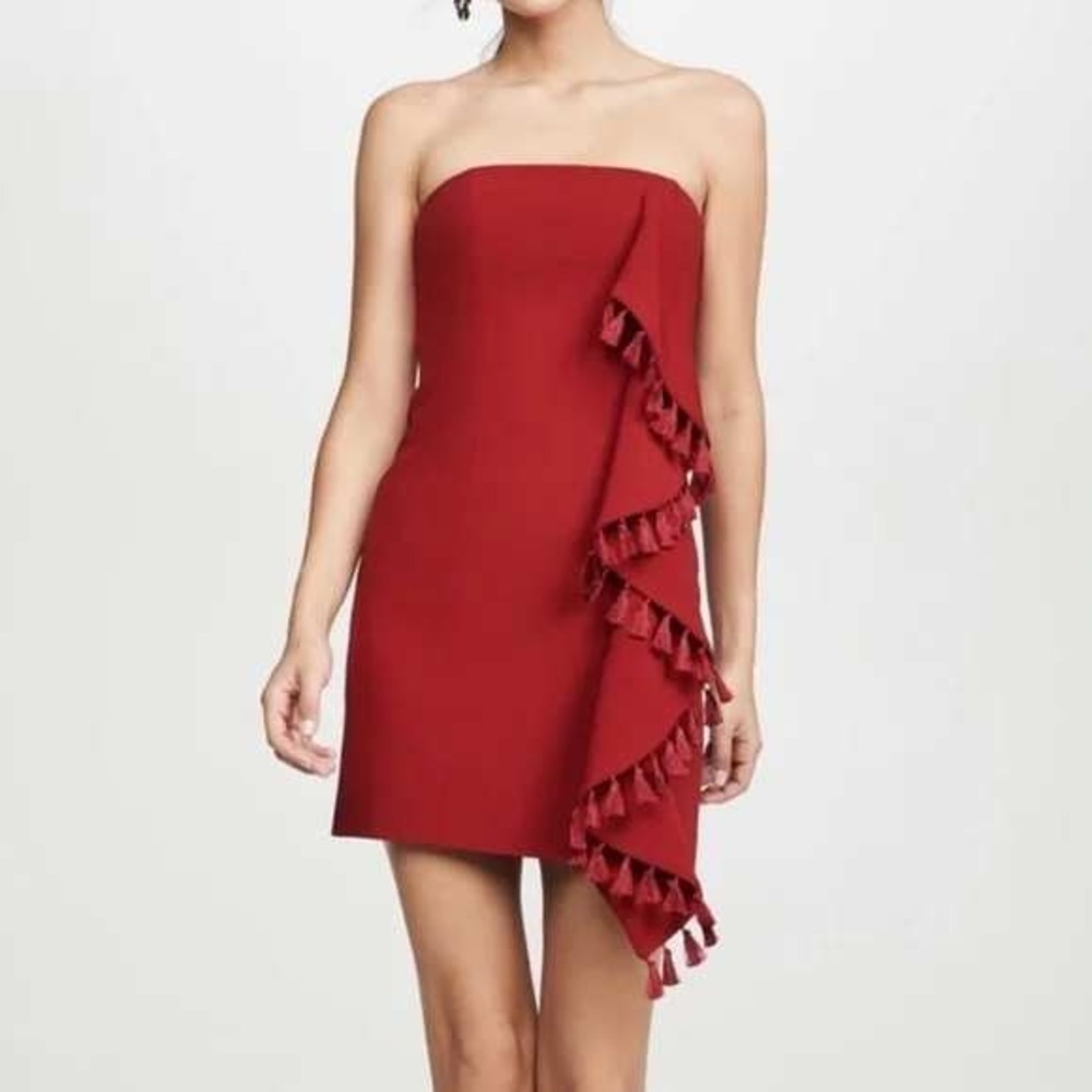 Cinq à Sept Nat Strapless Tassel Ruffle Mini Dress in Scarlet‎ Red 4
